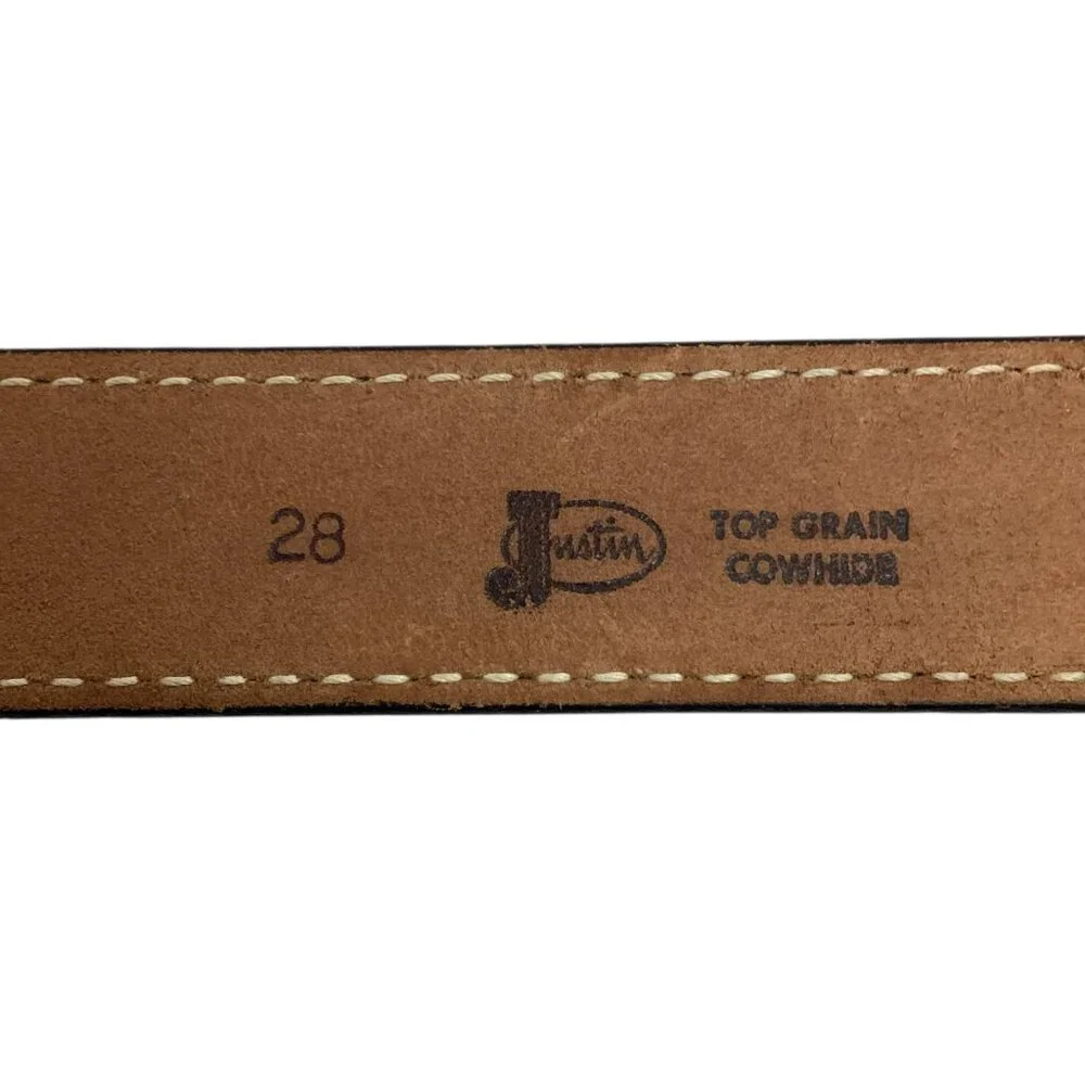 Justin Tooled Black Leather Belt Eagle Buckle Solid Brass Mens 28 Made In USA NW - Picture 6 of 9